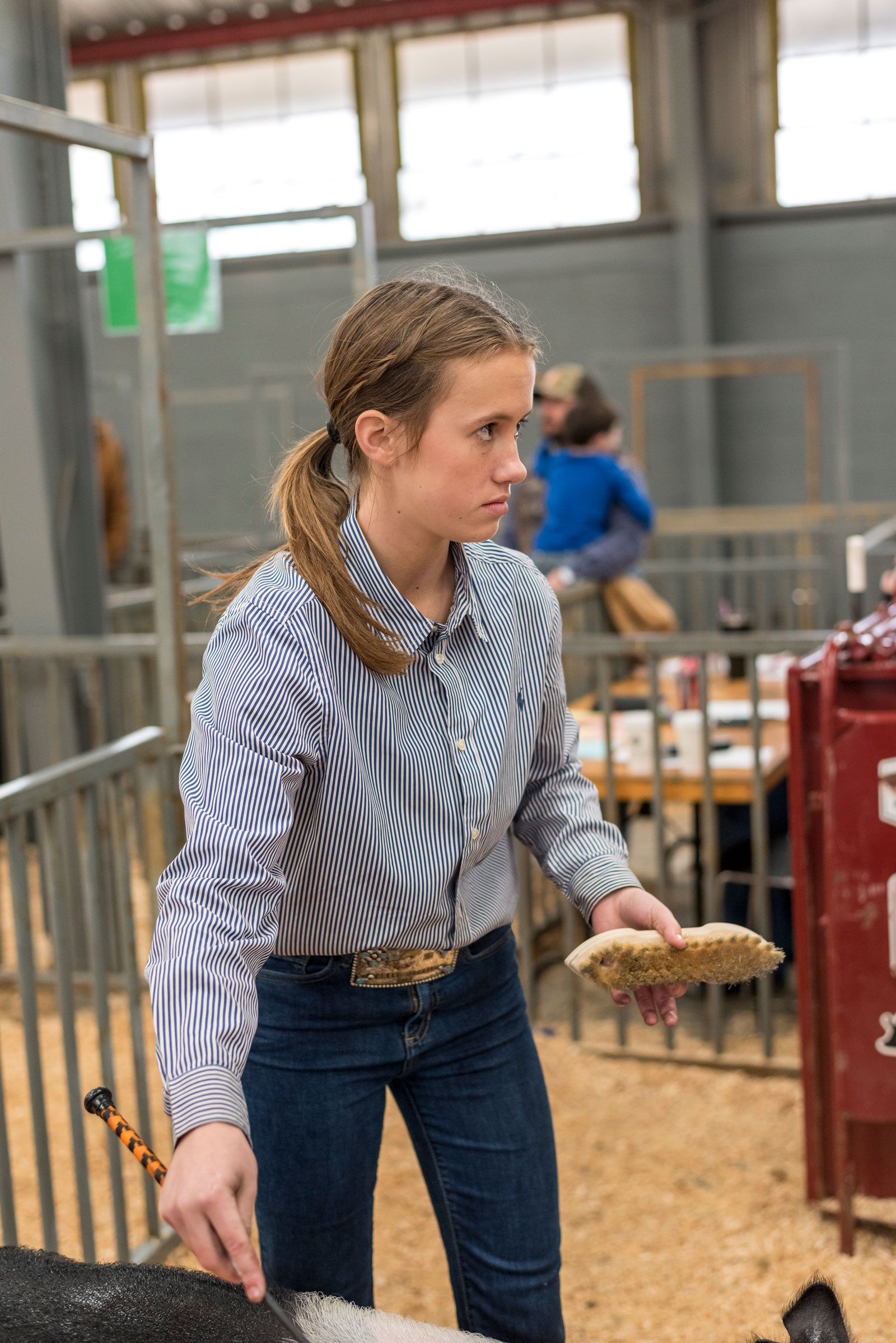 A girl standing in a show ring.