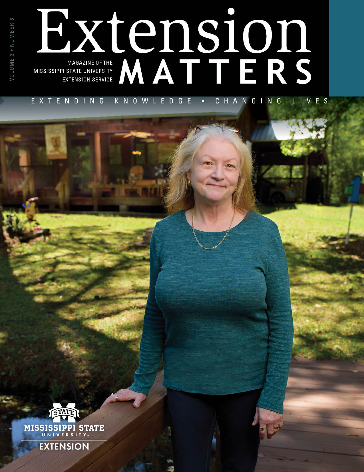 Extension Matters magazine cover showing woman standing in front of home